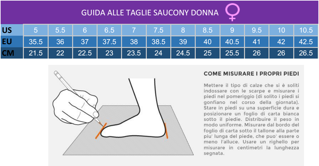 tabella misure scarpe saucony